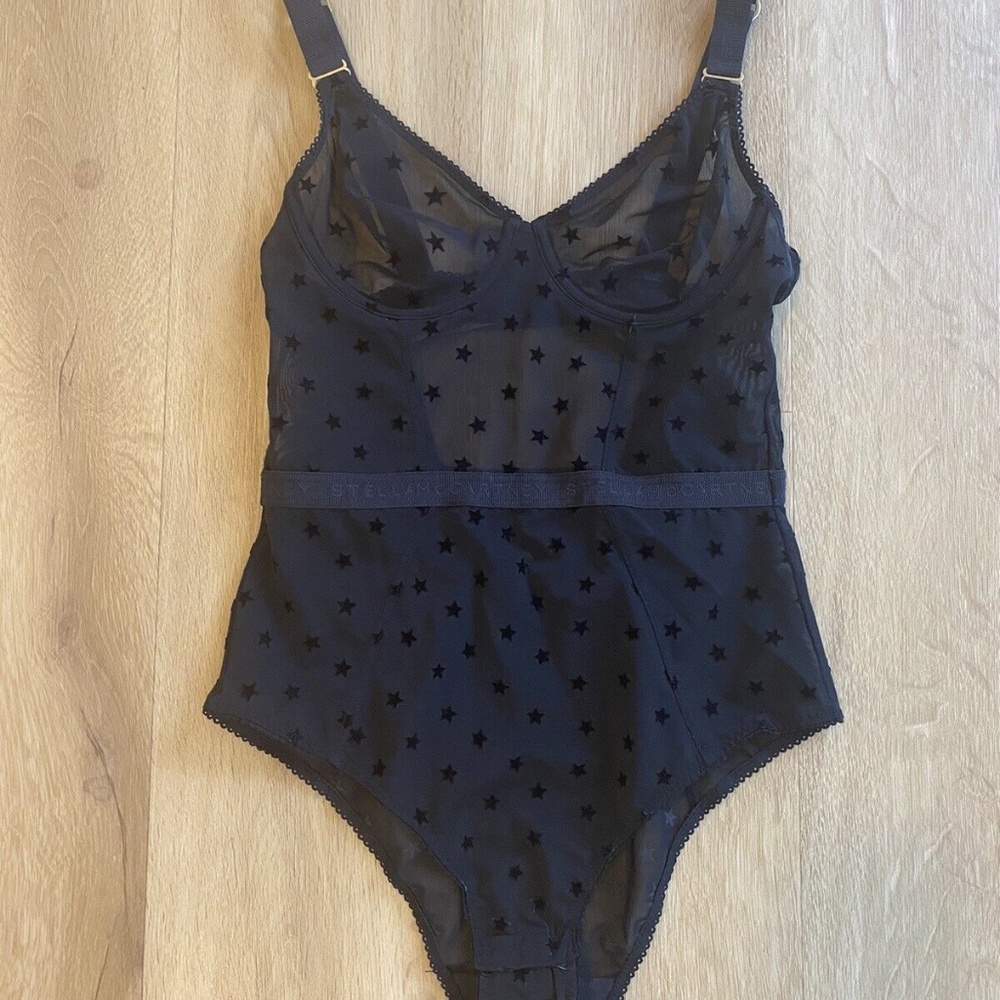 Stella McCartney Black Mesh Fuzzy Stars Body Bodysuit